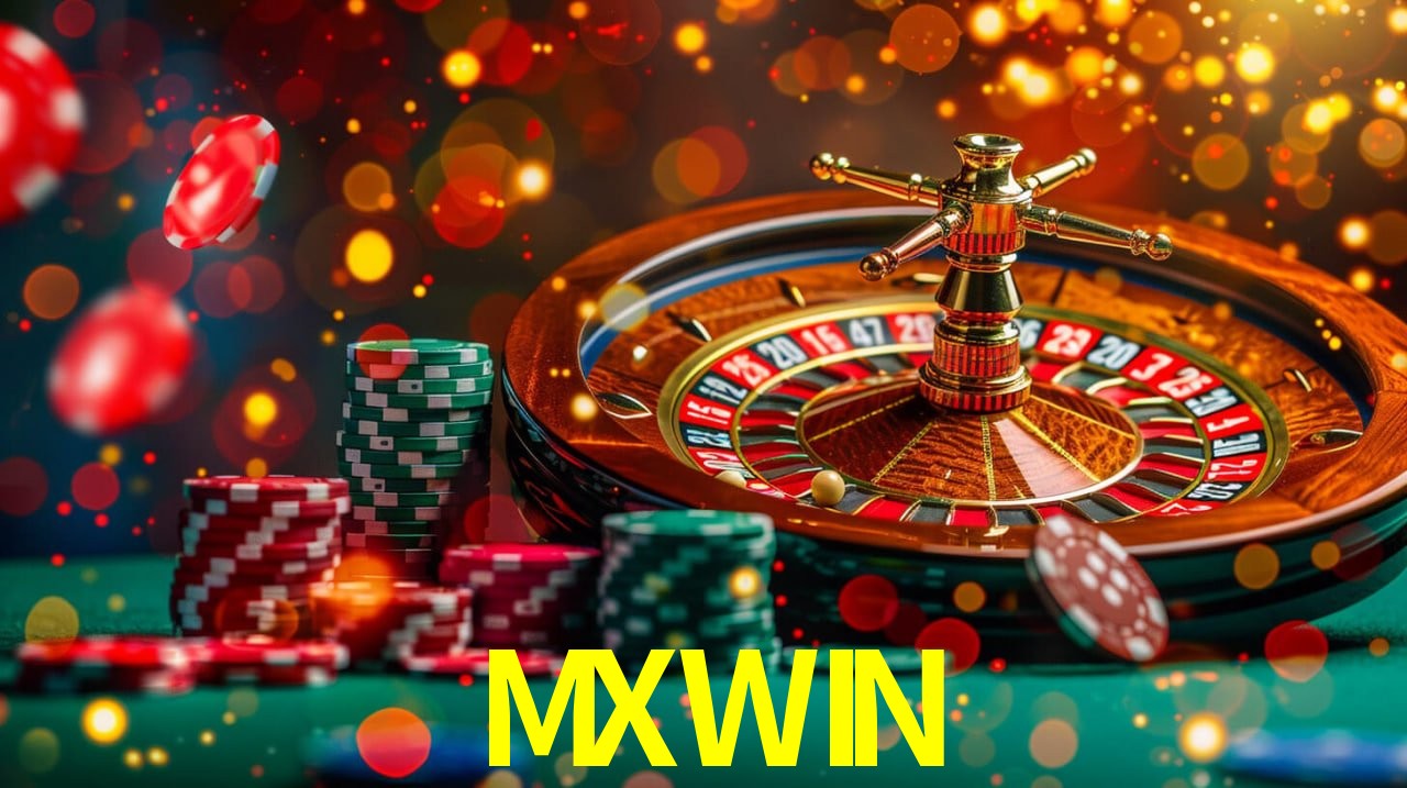 Una escena digital vívida inspirada en casino con MXWIN mostrado prominentemente, luces brillantes, fichas, cartas y acentos dorados.