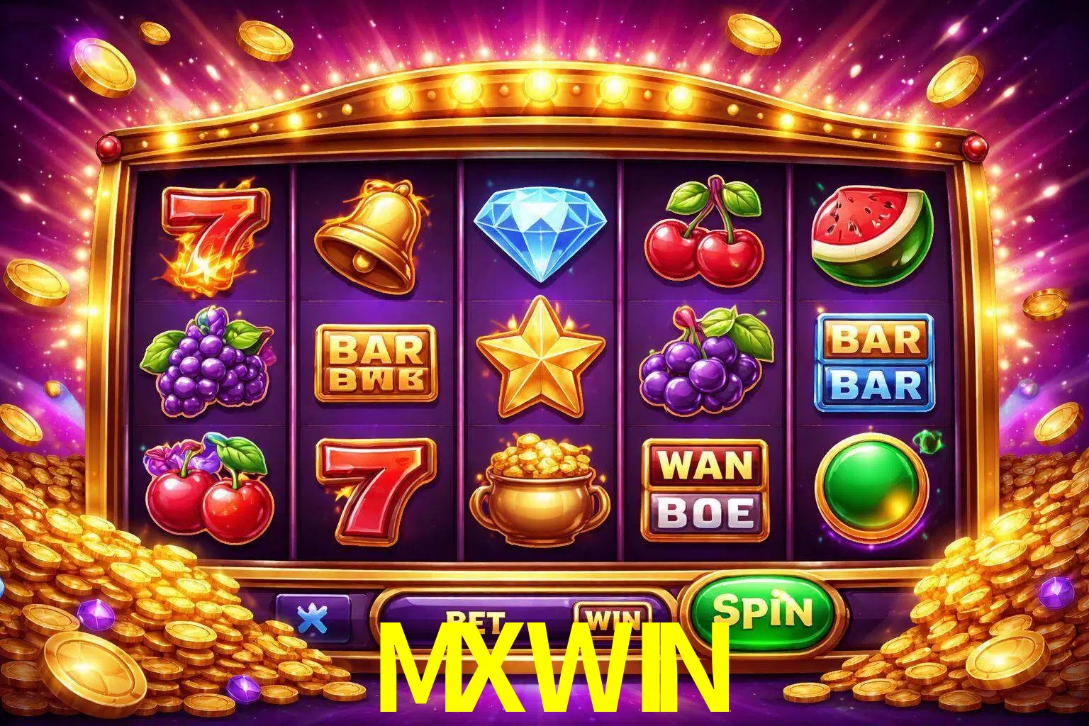 Una interfaz colorida de tragamonedas en línea con símbolos brillantes, monedas y un efecto de victoria celebratoria en MXWIN.
