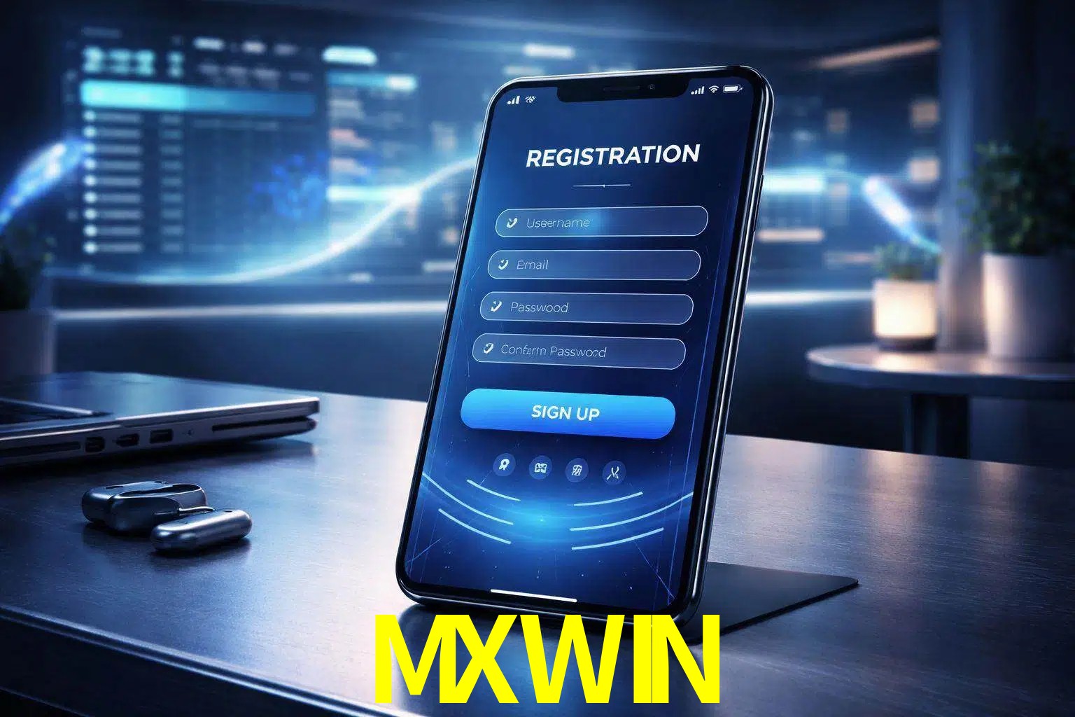 Una interfaz moderna de registro móvil para MXWIN mostrada en un smartphone con un panel de apuestas elegante.